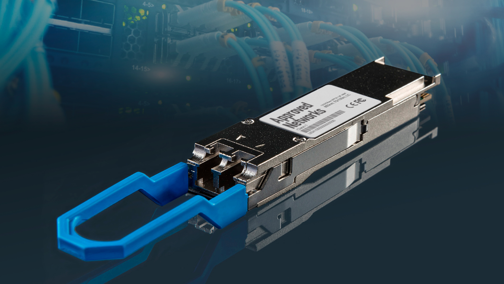 a 200g fiber optics transceiver by approved networks on a data center background.