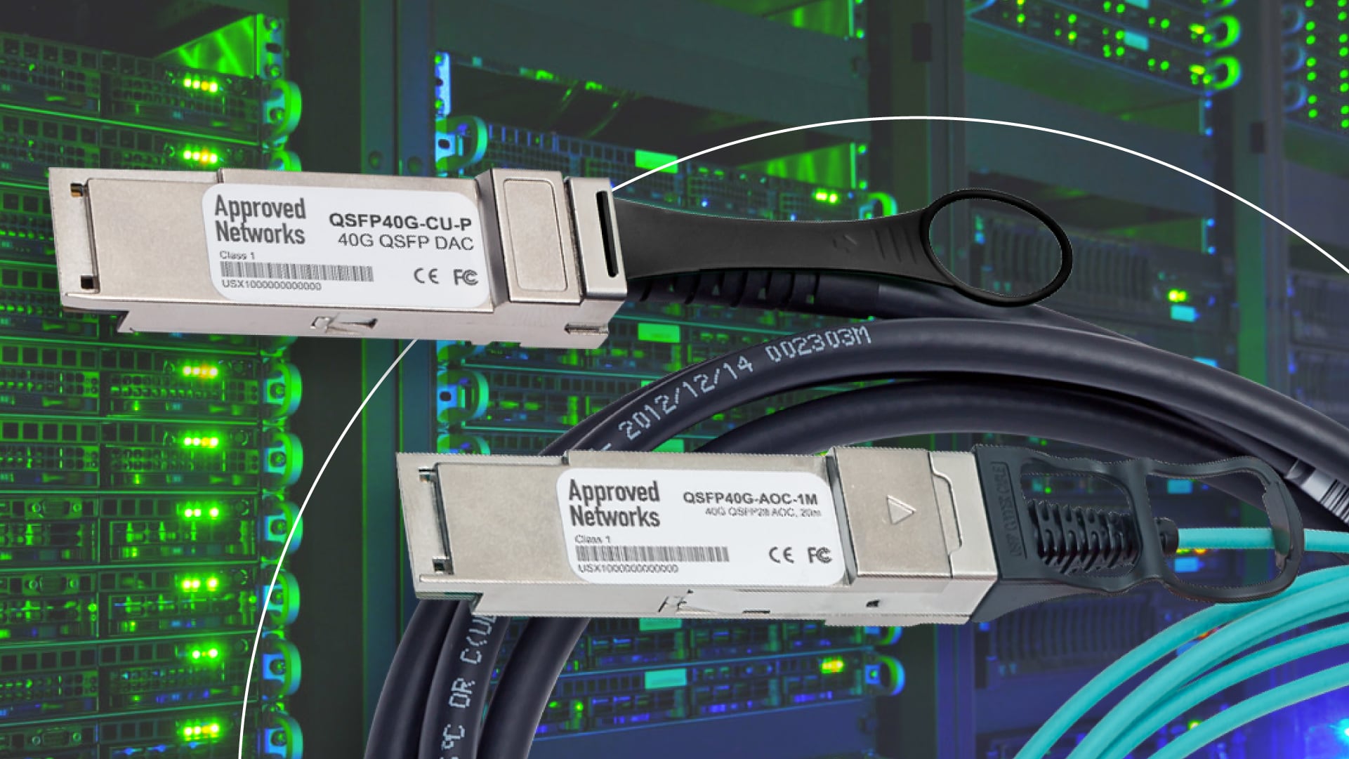 A pair of Approved Networks QSFP40G-CU-P DACs transceiver fiber optic cables.