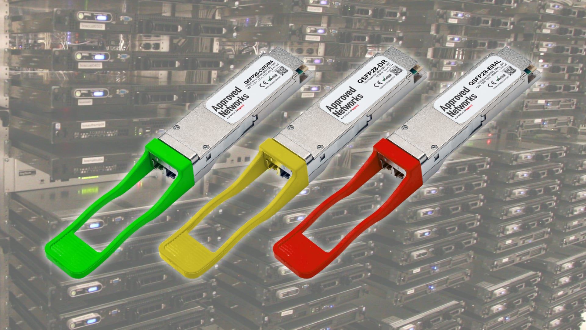 Green, yellow and red optical transceivers over a bank of data center equipment