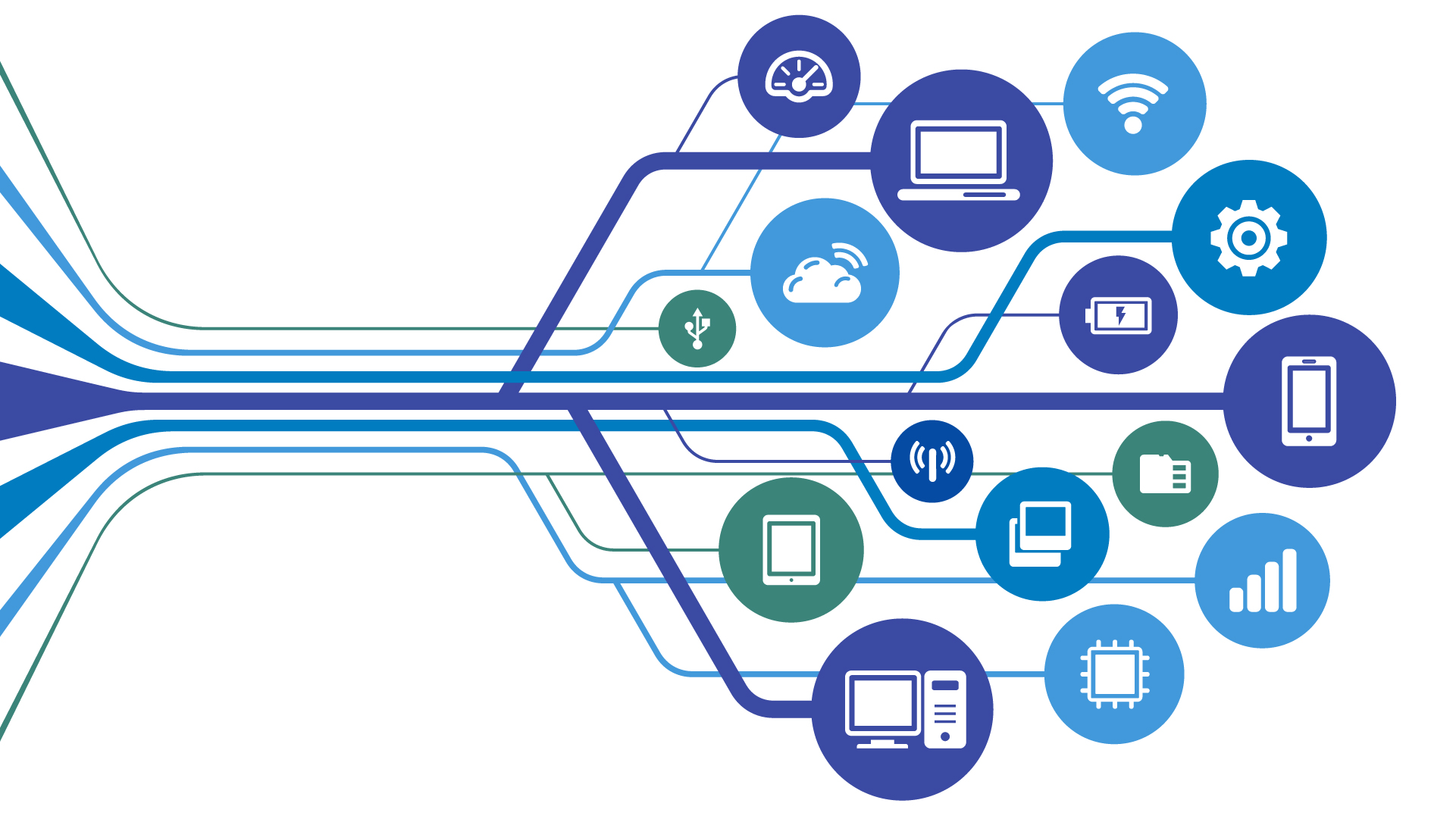 A graphic with a series of lines symbolizing optics to various devices