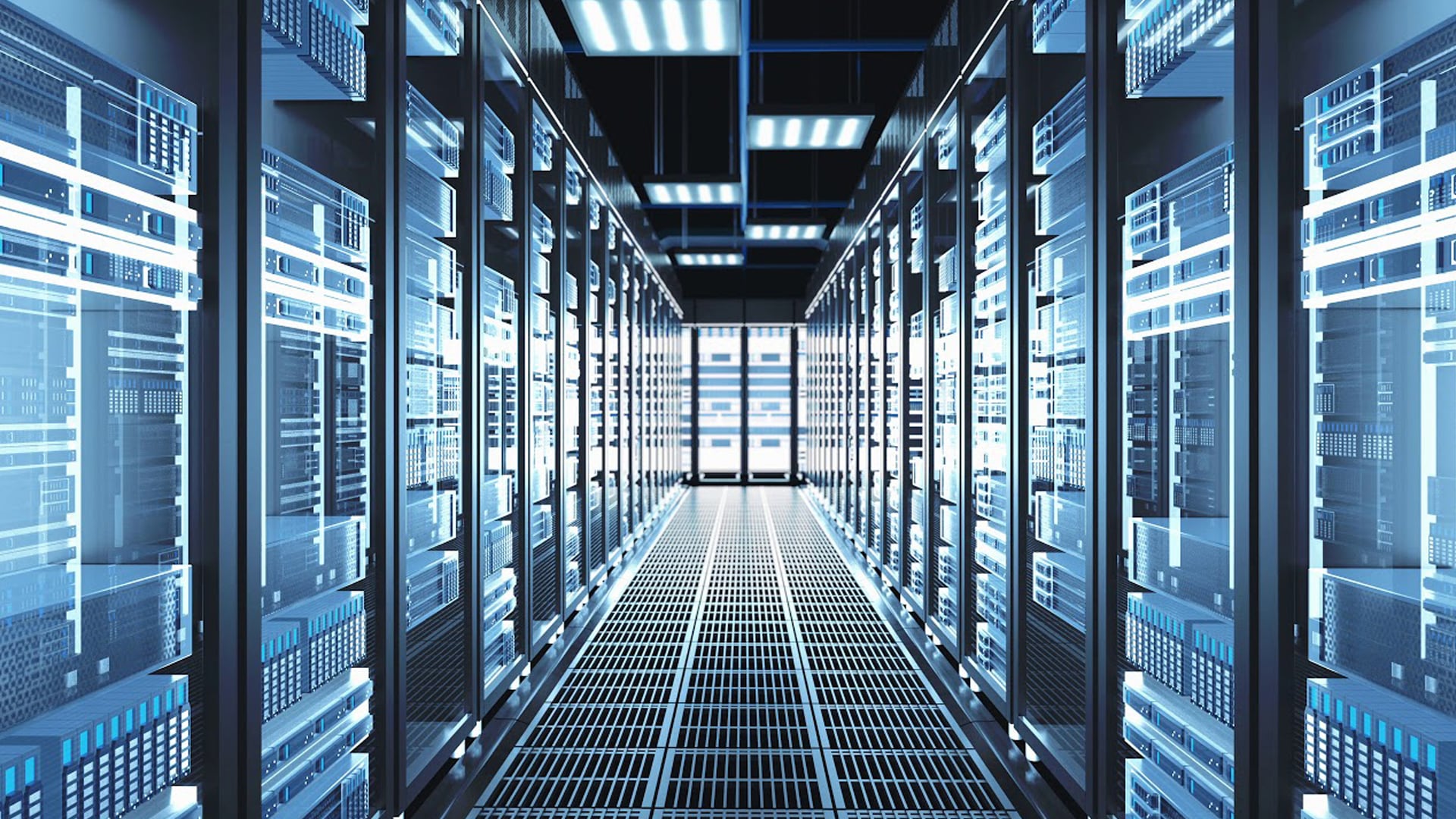 A long aisle in a data center with optical equipment on both side and at the end