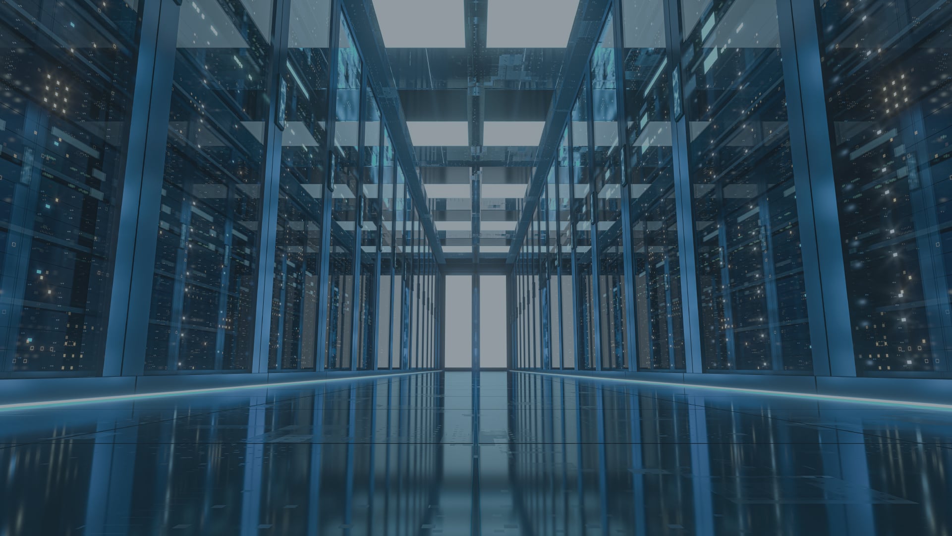 Looking down a hallway in a data center